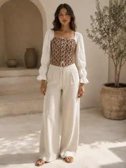 Vintage Mosaic Lace-Up Puff Sleeve Top - Front