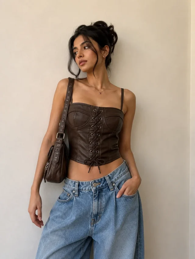 Lace-Up Corset Top - Brown - Lifestyle