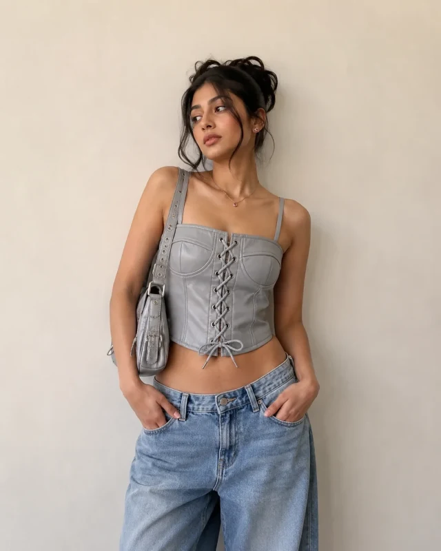Lace-Up Corset Top - Grey - Lifestyle