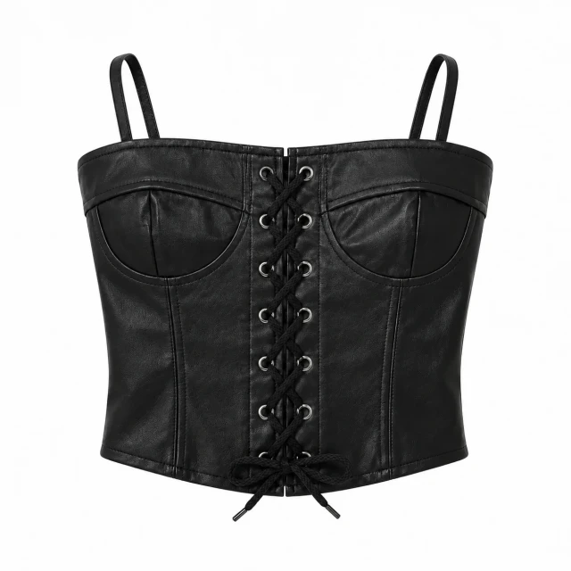 Lace-Up Corset Top - Black - Front