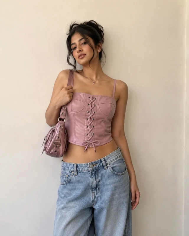Lace-Up Corset Top - Pink - Lifestyle