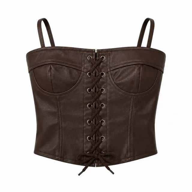 Lace-Up Corset Top - Brown - Front