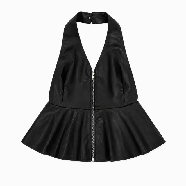 Faux Leather Halter Peplum Top - Black - Front