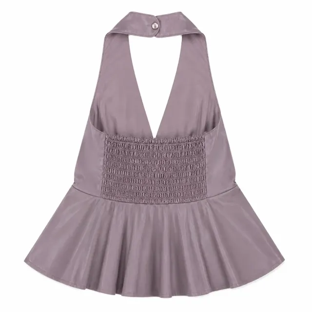 Faux Leather Halter Peplum Top - Mauve - Back