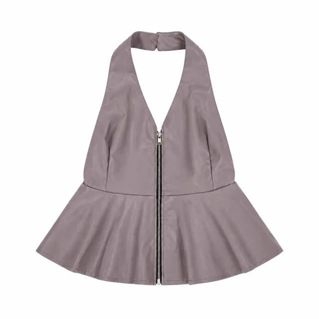 Faux Leather Halter Peplum Top - Mauve - Front