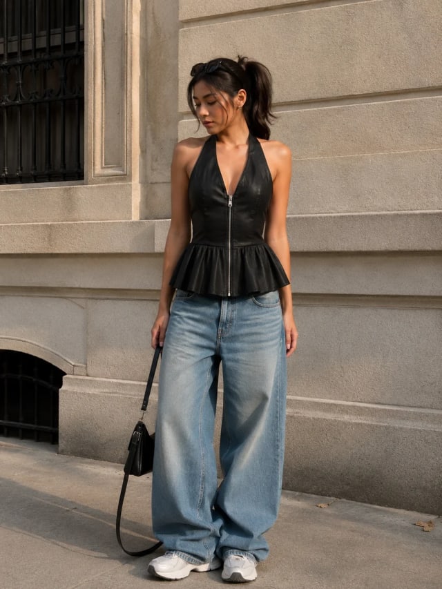 Faux Leather Halter Peplum Top - Black - Lifestyle
