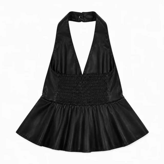 Faux Leather Halter Peplum Top - Black - Back