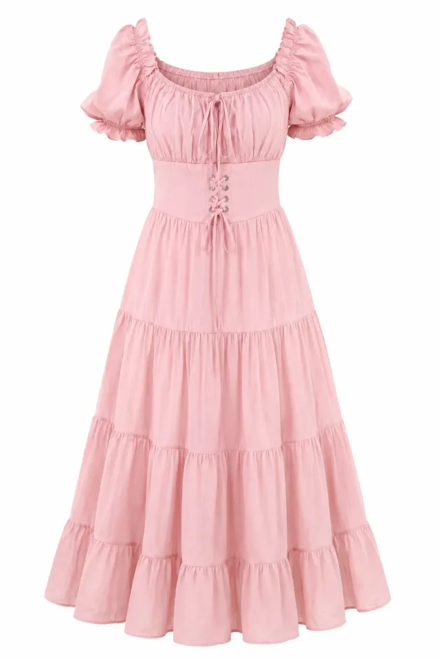 Puff Sleeve Corset Tiered Dress - Pink - Photo 3