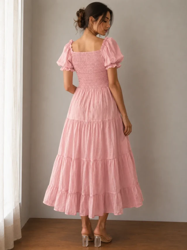 Puff Sleeve Corset Tiered Dress - Pink - Photo 4