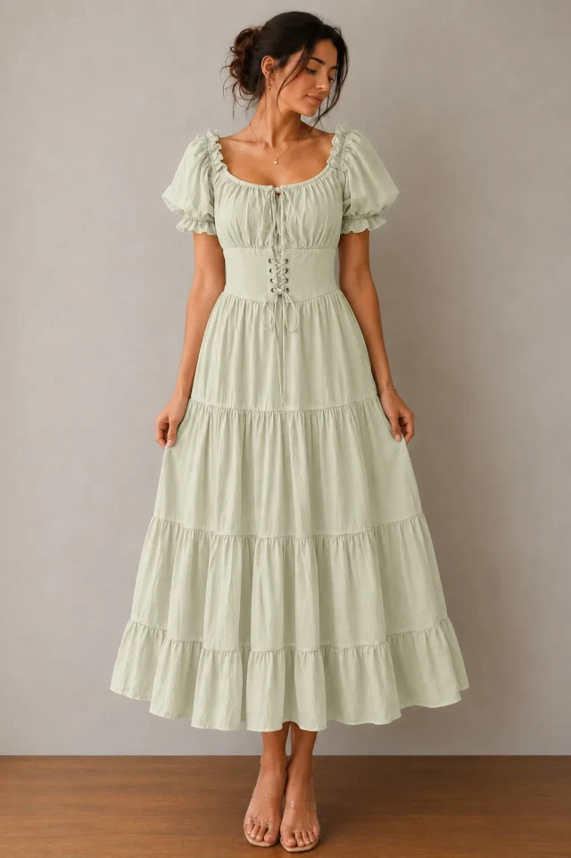 Puff Sleeve Corset Tiered Dress - Sage Green - Back