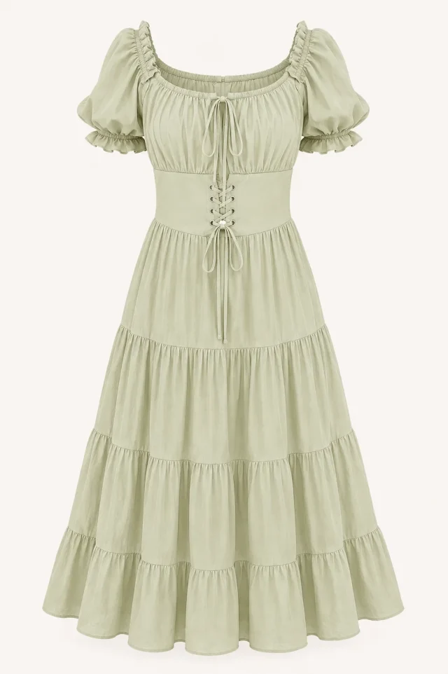 Puff Sleeve Corset Tiered Dress - Sage Green - Photo 3