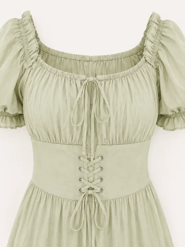Puff Sleeve Corset Tiered Dress - Sage Green - Photo 2