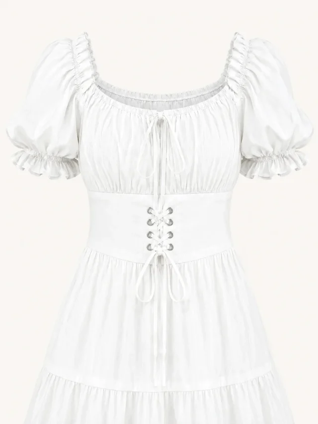 Puff Sleeve Corset Tiered Dress - White - Photo 2