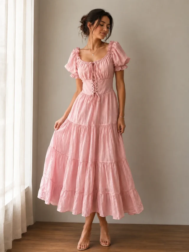 Puff Sleeve Corset Tiered Dress - Pink - Back