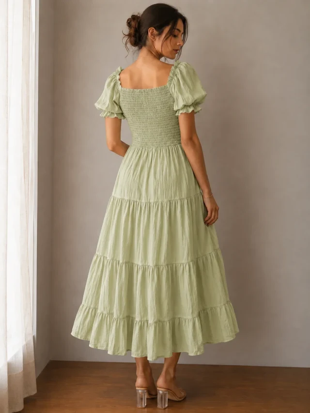 Puff Sleeve Corset Tiered Dress - Sage Green - Photo 4