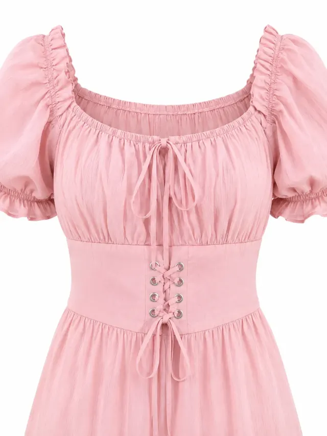 Puff Sleeve Corset Tiered Dress - Pink - Photo 2