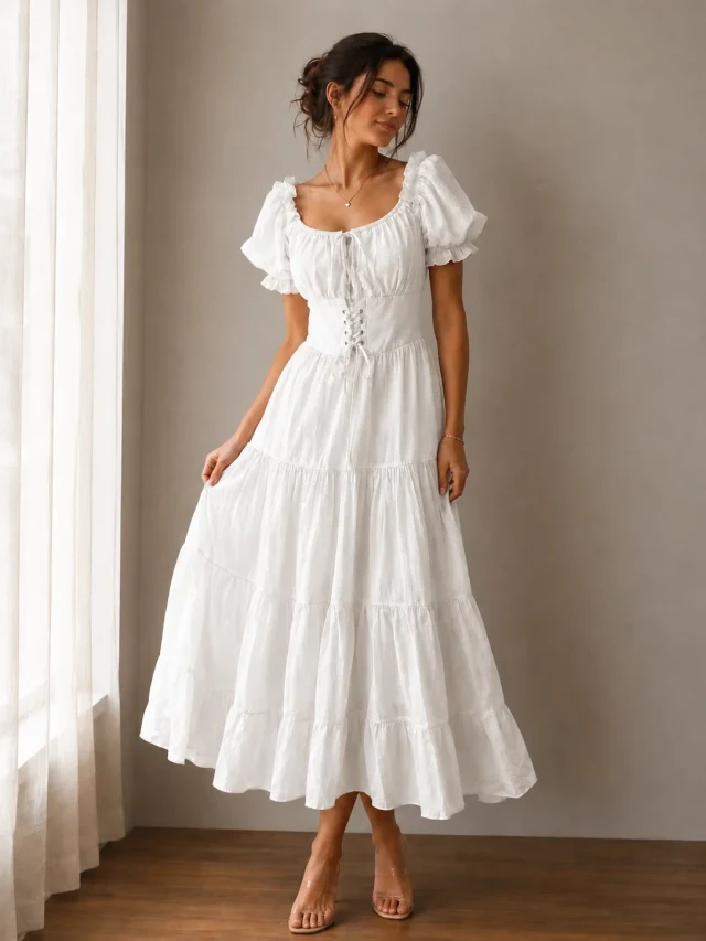 Puff Sleeve Corset Tiered Dress - White - Back