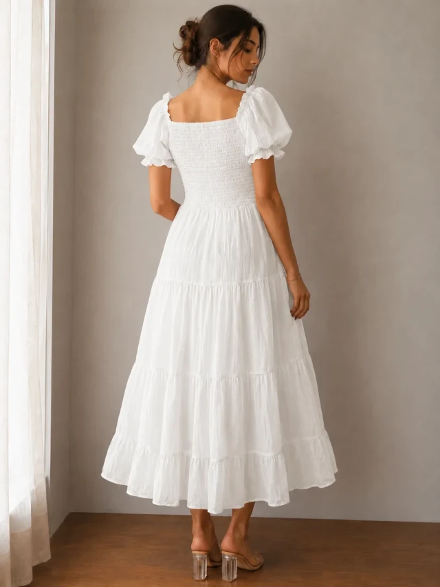 Puff Sleeve Corset Tiered Dress - White - Photo 4
