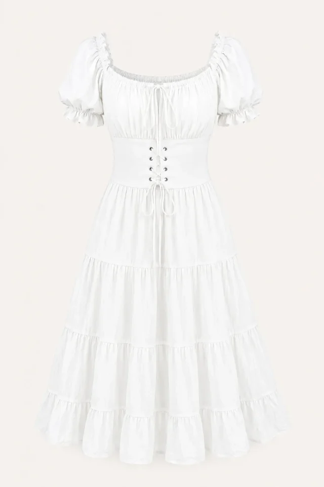 Puff Sleeve Corset Tiered Dress - White - Photo 3