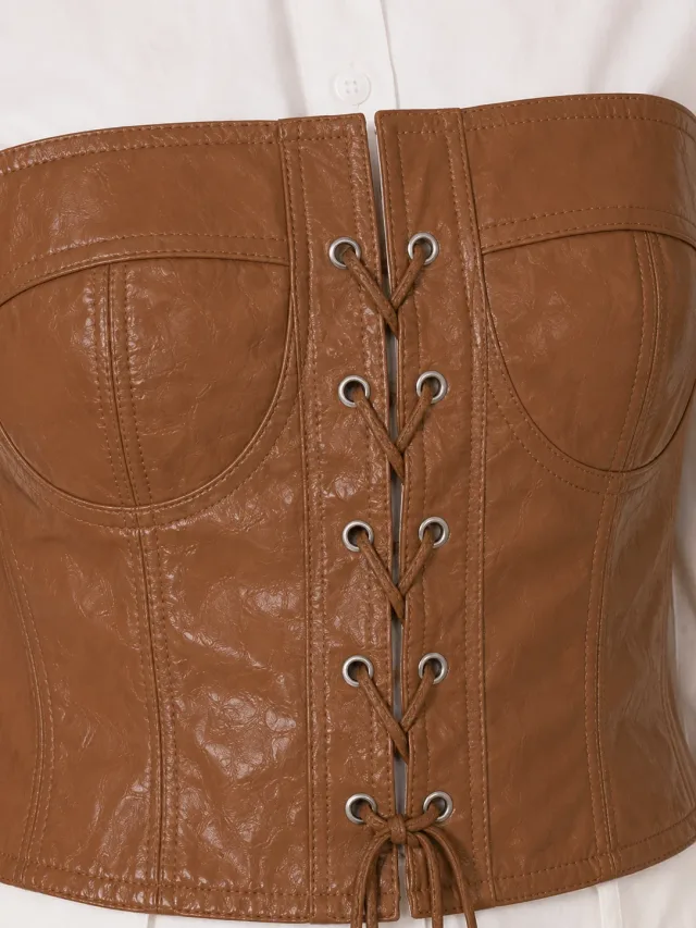 XINVORA Corset Shirt Top - Brown - Front Close-Up