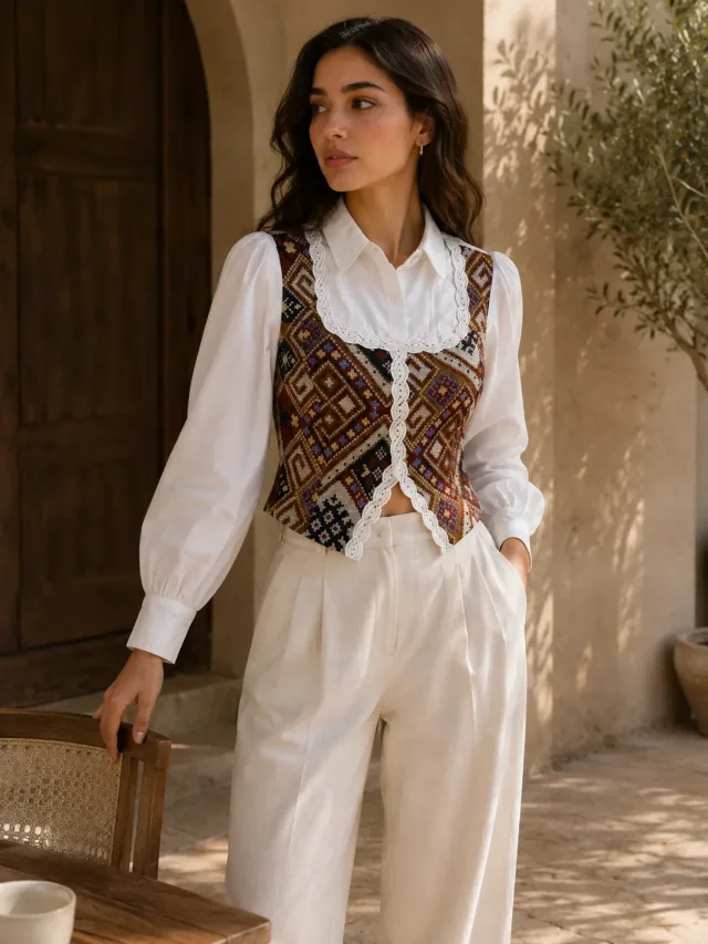 Heritage Pattern Lace-Trim Shirt Top - Photo 5