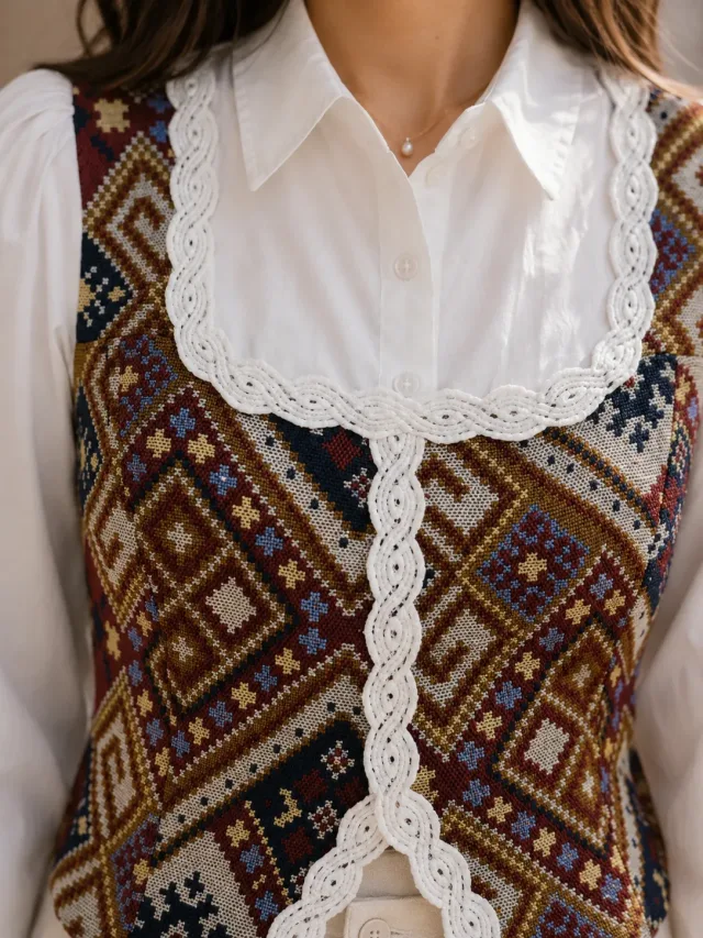 Heritage Pattern Lace-Trim Shirt Top - Photo 6