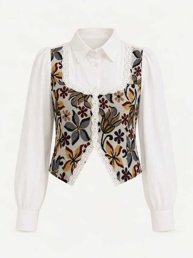 Floral Mosaic Lace-Trim Shirt Top - Front Close-Up