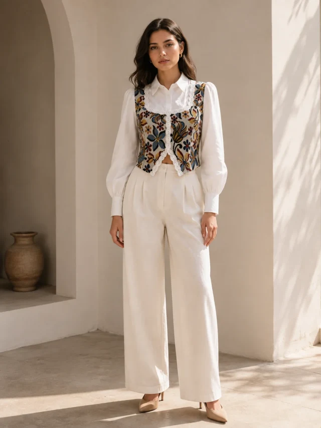 Floral Mosaic Lace-Trim Shirt Top - Back