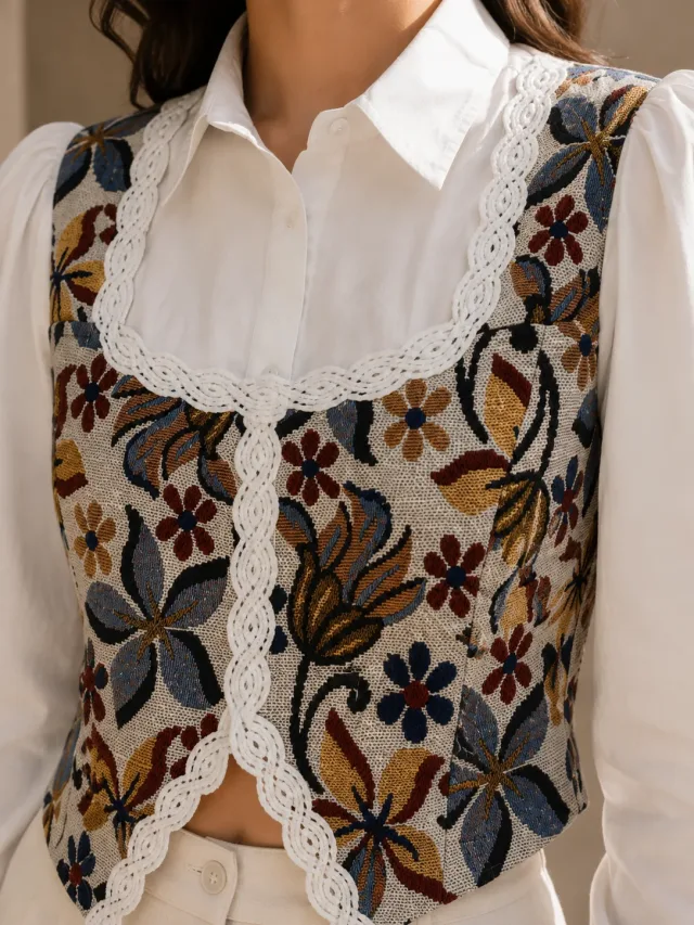 Floral Mosaic Lace-Trim Shirt Top - Front