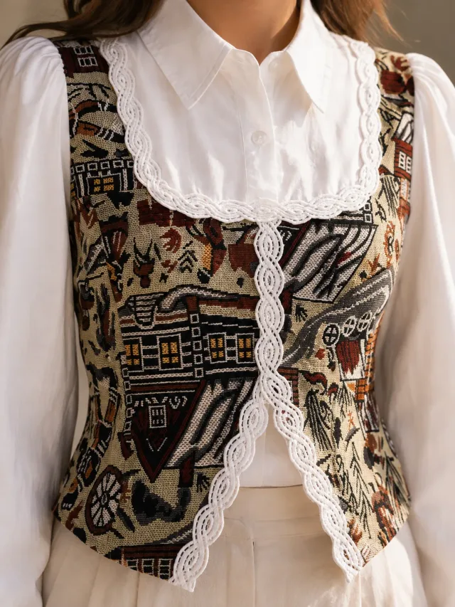 Monochrome Geometric Lace-Trim Shirt Top - Front