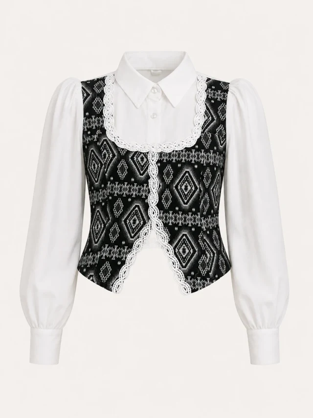 Diamond Mosaic Lace-Trim Shirt Top - Front Close-Up