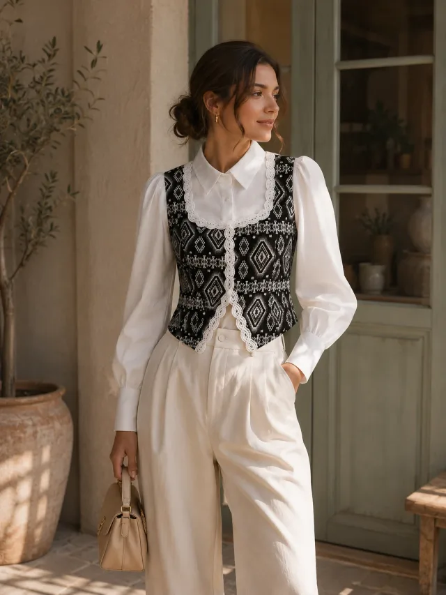 Diamond Mosaic Lace-Trim Shirt Top - Lifestyle