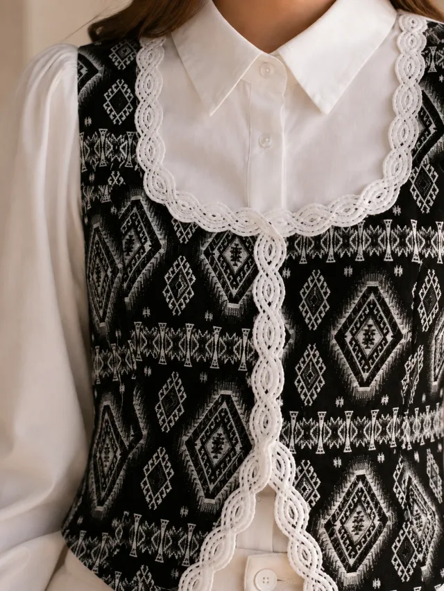 Diamond Mosaic Lace-Trim Shirt Top - Front