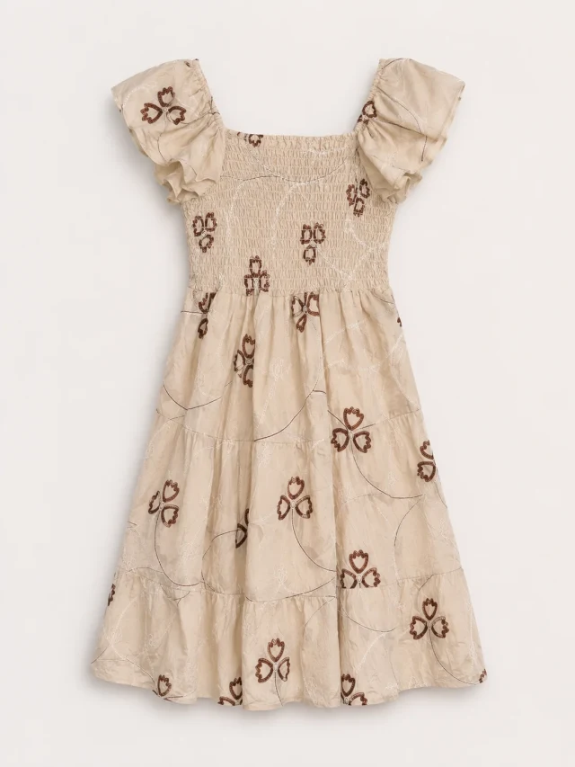Ivory Floral Puff Sleeve Midi Dress - Back
