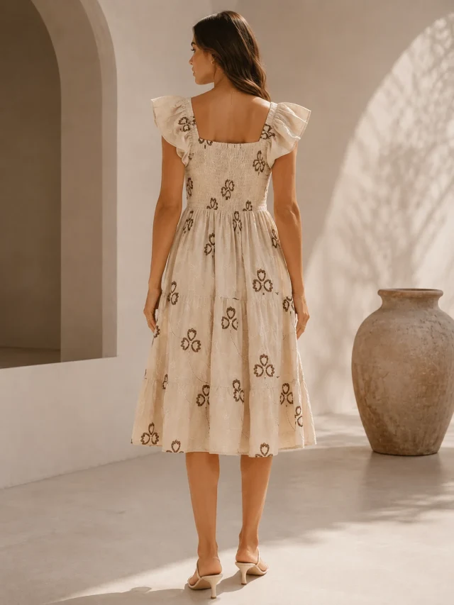 Ivory Floral Puff Sleeve Midi Dress - Back