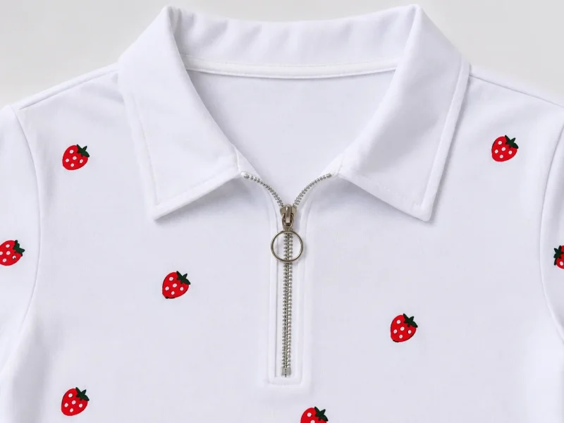 Strawberry Polo Crop Tee - Front Close-Up