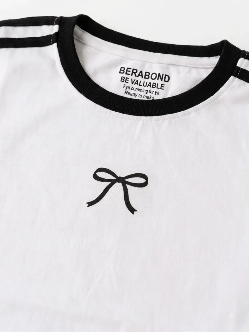 Blue Bow Crop Tee - Front Close-Up
