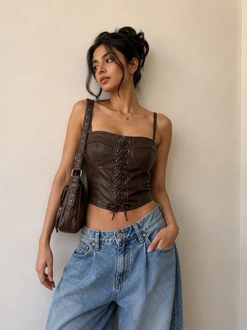 Lace-Up Corset Top - Brown - Lifestyle