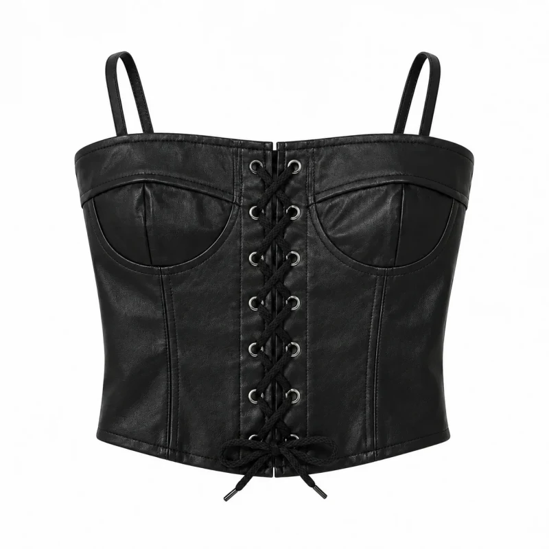 Lace-Up Corset Top - Black - Front