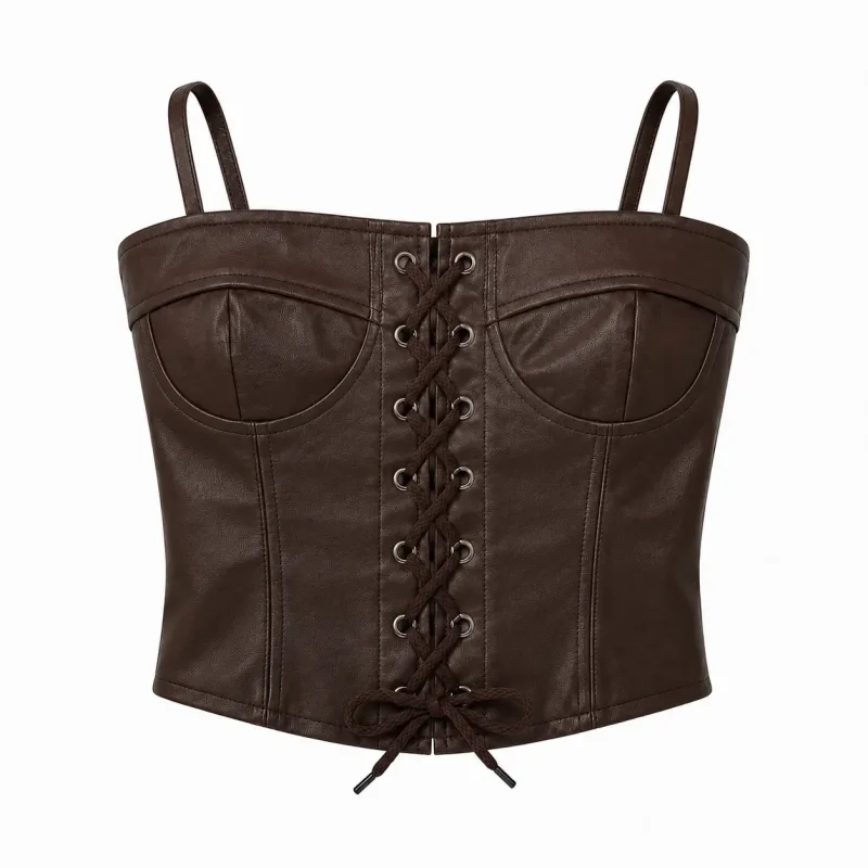 Lace-Up Corset Top - Brown - Front