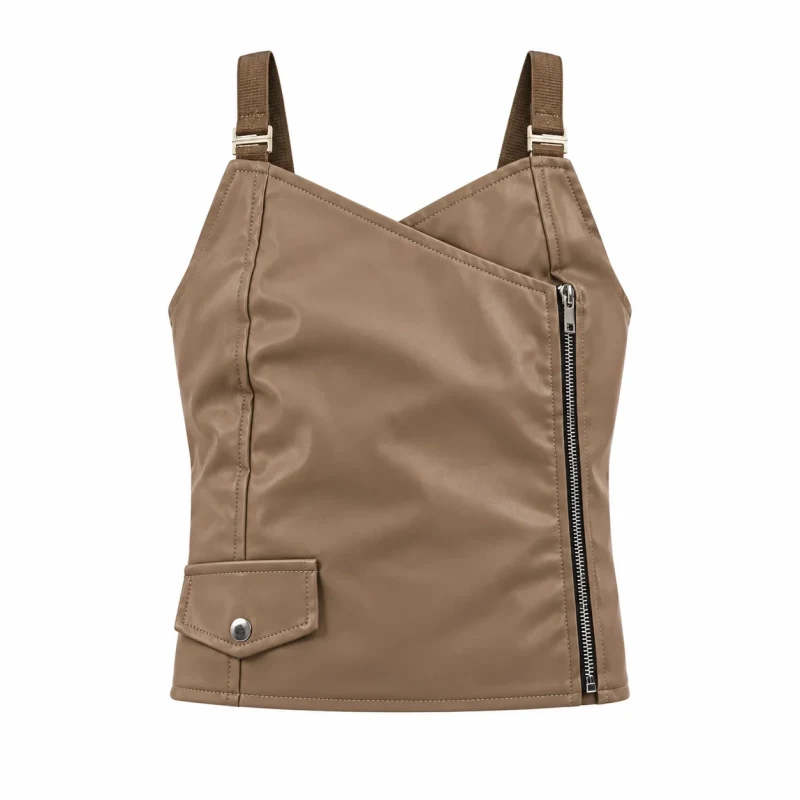 Faux Leather Asymmetric Zip Top - Front