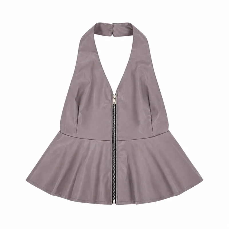 Faux Leather Halter Peplum Top - Mauve - Front