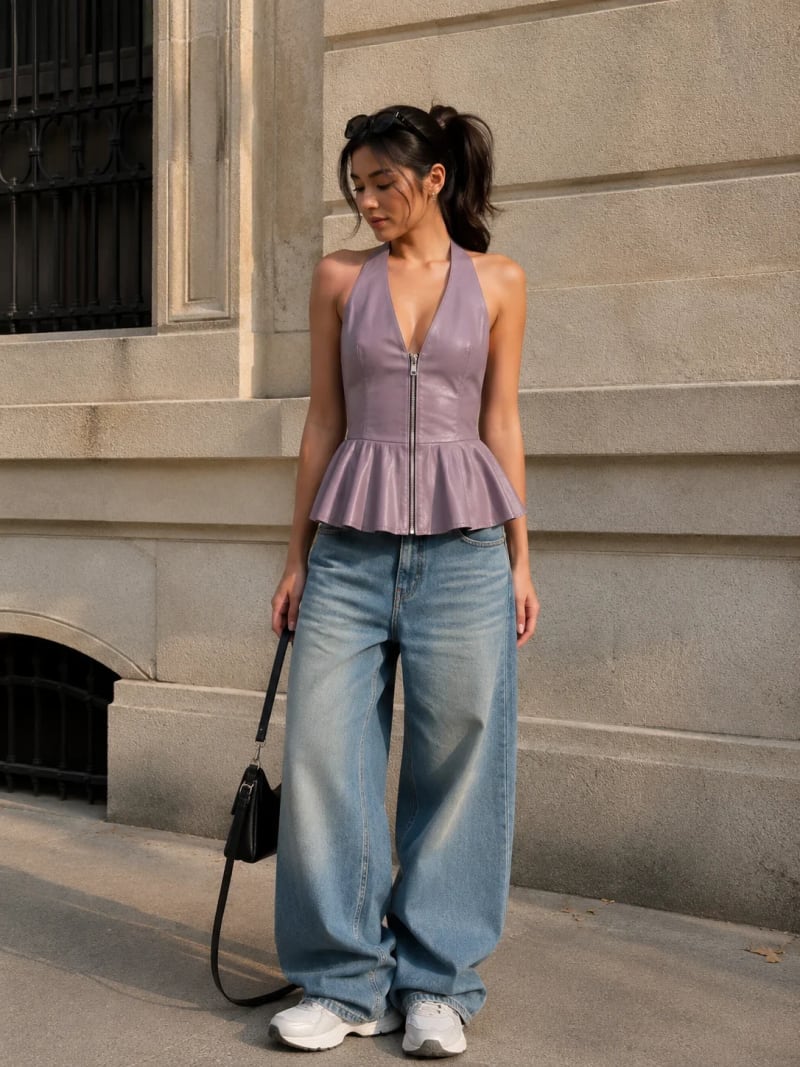 Faux Leather Halter Peplum Top - Mauve - Lifestyle