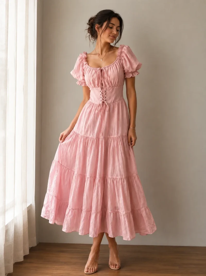 Puff Sleeve Corset Tiered Dress - Pink - Back
