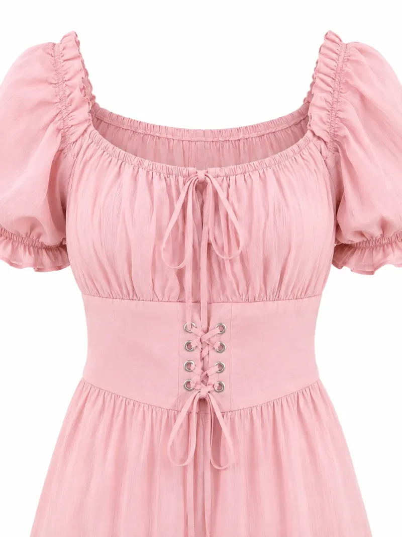 Puff Sleeve Corset Tiered Dress - Pink - Photo 2