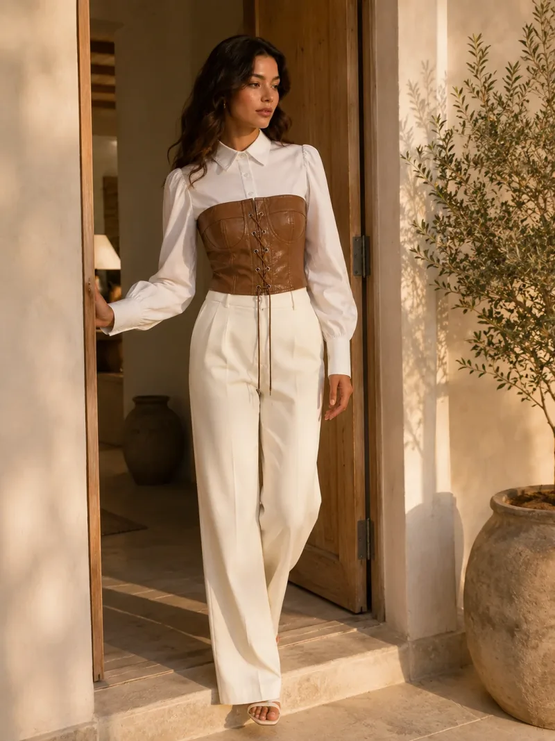 XINVORA Corset Shirt Top - Brown - Photo 1