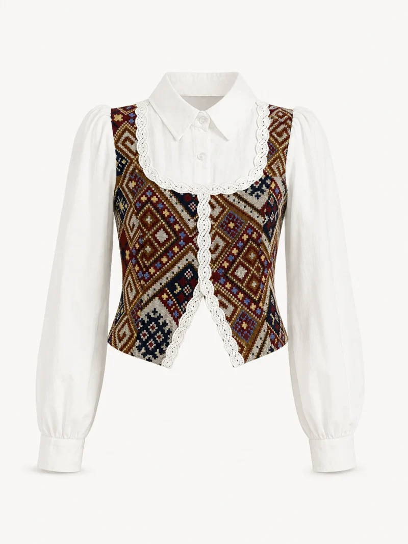 Heritage Pattern Lace-Trim Shirt Top - Front Close-Up