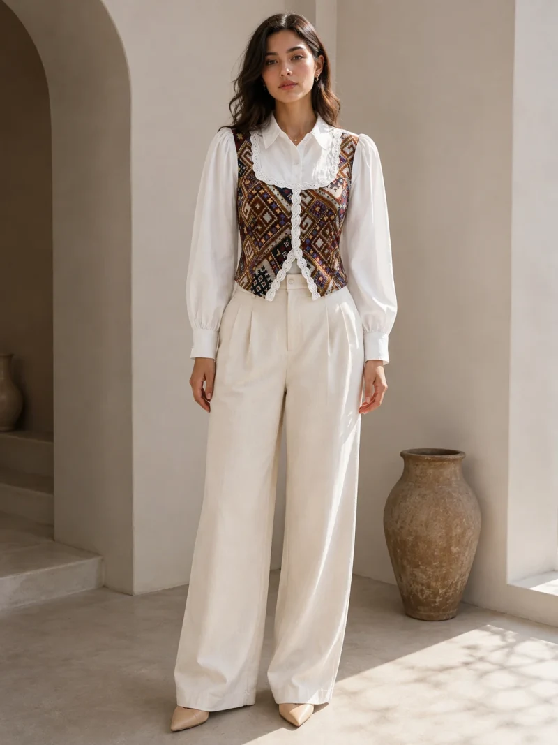 Heritage Pattern Lace-Trim Shirt Top - Lifestyle