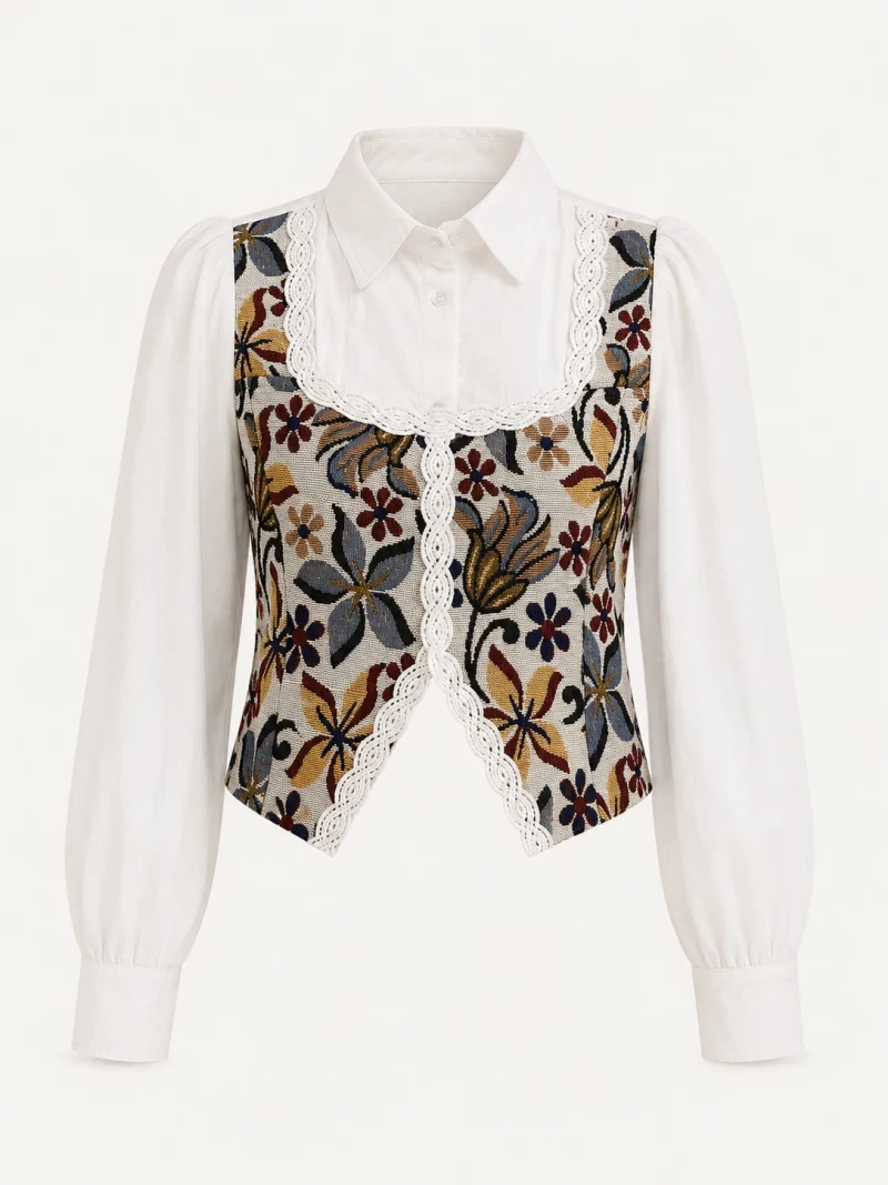 Floral Mosaic Lace-Trim Shirt Top - Front Close-Up