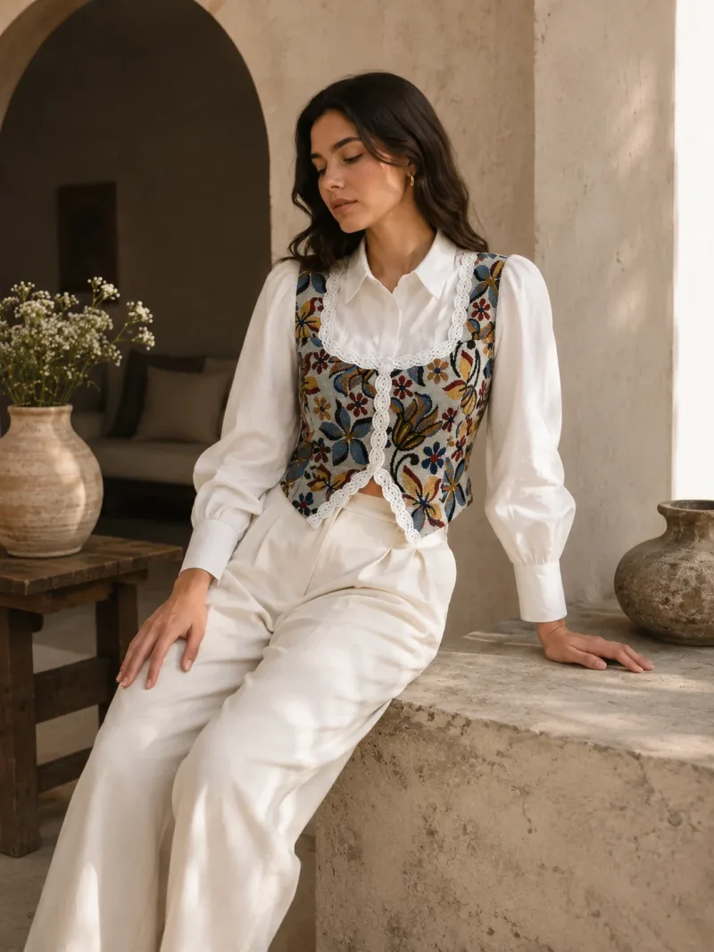 Floral Mosaic Lace-Trim Shirt Top - Lifestyle